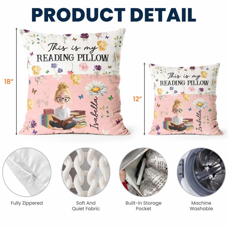 May include: Two reading pillows, 45.7 cm and 30.5 cm, with a floral and pink design. The pillows feature the text "This is my READING PILLOW" and the name "Isabella". The design includes a girl reading, books, butterflies, and flowers. The pillows have a fully zippered closure, soft fabric, a built-in storage pocket, and are machine washable.