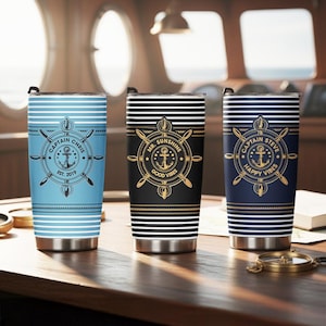 May include: Three stainless steel travel mugs with nautical designs. One is light blue with "Captain Chris" and an anchor emblem, another is black with "Mr. Sunshine" and a gold anchor, and the third is navy blue with "Captain Steve".