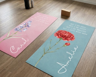 Tapis de yoga personnalisé avec fleurs pour le mois de naissance, cadeau personnalisé pour la fête des mères pour maman, équipement de fitness Pilates esthétique pour femme, décoration florale personnalisée pour l'entraînement
