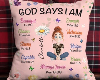 God Says I Am - Personalized Pillow, Custom Birth Flower, Affirmations For Kid, Gift for Daughter Son, Christmas Gift, Birthday Gift