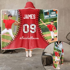 Personalized Baseball Photo Wearable Hooded Blanket, Custom Name And Number, Gift For Baseball Lover Baseball Players Baseball Mom