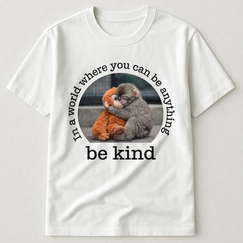 May include: White t-shirt featuring a circular graphic with a brown stuffed monkey hugging a gray monkey. The text "In a world where you can be anything, be kind" is printed around the image in black.