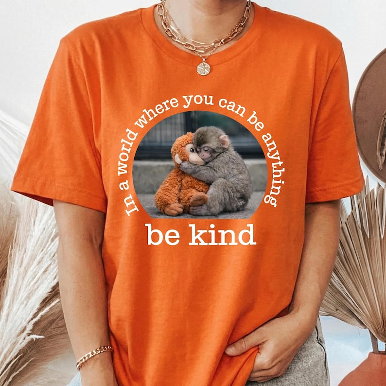 May include: Orange t-shirt featuring a circular graphic with the text "In a world where you can be anything, be kind." The graphic shows a monkey hugging a stuffed animal. The shirt has short sleeves and a crew neck.