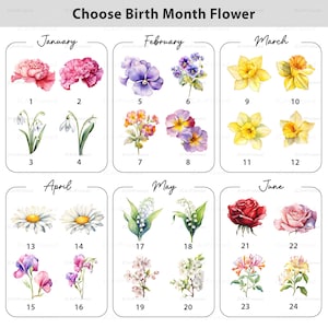 May include: A graphic showing watercolour illustrations of birth month flowers. The image is divided into sections for January to June, each displaying two floral options with corresponding numbers. The text "Choose Birth Month Flower" is at the top.