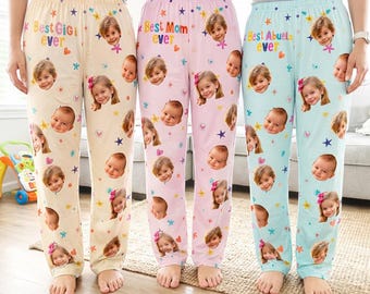 Personalized Best Mom Ever Pajama Pants with Faces, Funny Mother's Day Gift for Mom from Daughter, Custom Kids Photo Unique Lounge Pants