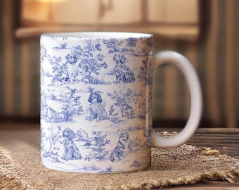 Personalized Dog Mug: Toile De Jouy French Style, Sausage Dog Lover Gift