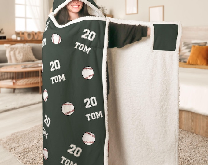 Baseball Personalized Wearable Hooded Blanket, Custom Name and Number, Gift For Kids Boys, Baseball Player Baseball Team Baseball Mom Gift