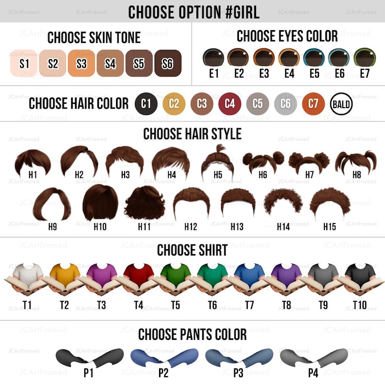 May include: A guide for personalizing a cartoon girl character. It presents options for skin tone, eye colour, hair colour, hairstyle, shirt, and trousers colour. Text includes "Choose Option #Girl" and selection codes.