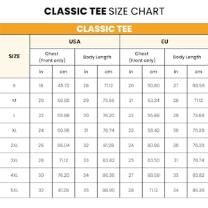 May include: A size chart for classic tees, with measurements in inches and centimeters. The chart includes chest and body length measurements for sizes S through 5XL, for both USA and EU sizing. The text "CLASSIC TEE SIZE CHART" is at the top.