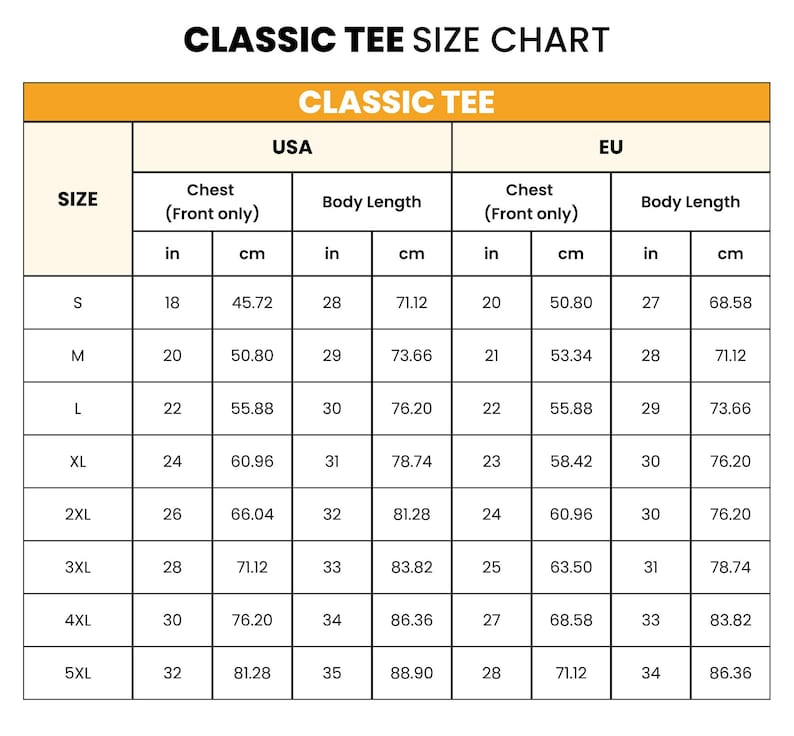 May include: A size chart for classic tees, with measurements in inches and centimeters. The chart includes chest and body length measurements for sizes S through 5XL, for both USA and EU sizing. The text "CLASSIC TEE SIZE CHART" is at the top.