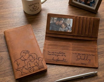 Personalized Daddy Long Wallet Sketch Line Art, Fathers Day Gift For Husband, Engraved Bifold Wallet For Husband Present, Dad Birthday Gift