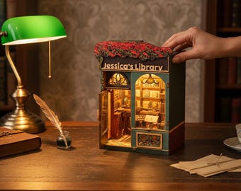Personalized DIY Book Nook Kit, My Library & Old Bookstore, Wooden Puzzle Book Nook with LED Lights for Dollhouse Decor, Book Lover Gift