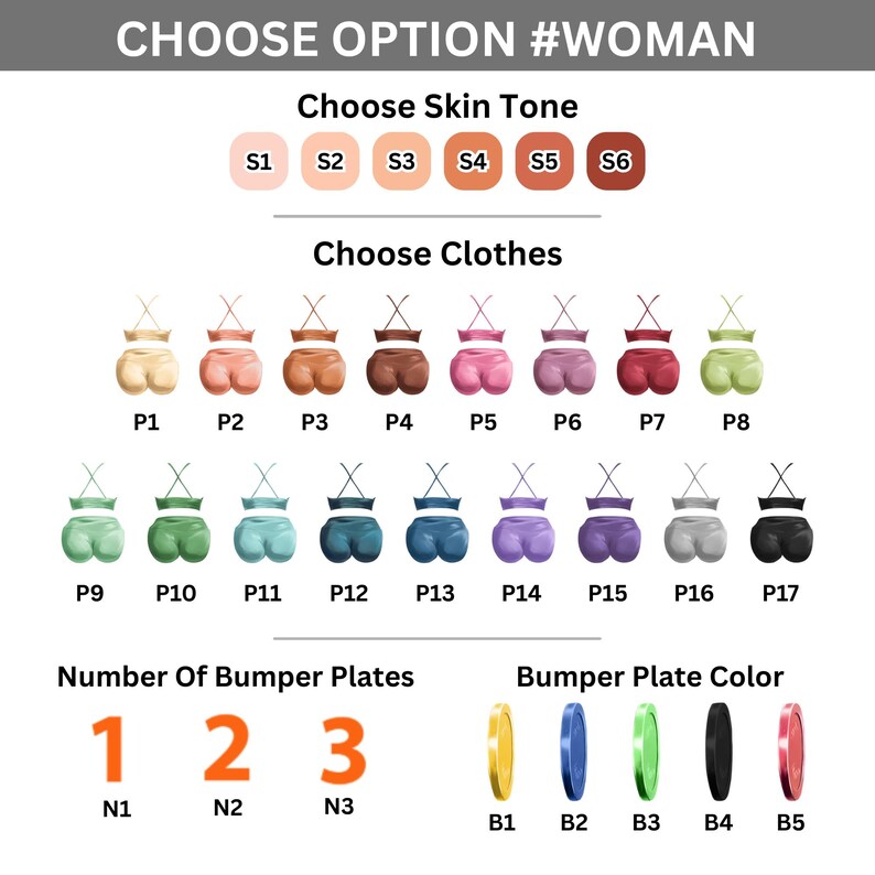 Puede incluir: Imagen con opciones de personalizaci&oacute;n. Incluye opciones de tono de piel, ropa, n&uacute;mero de placas de parachoques y color de la placa de parachoques. El texto en la parte superior dice "CHOOSE OPTION #WOMAN".