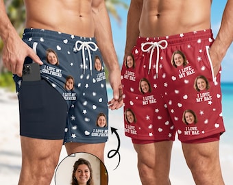 Custom Photo Funny I Love My Wife Men's trunk short, Custom Hawaiian Swim Trunk with Face for Husband, Boyfriend, Men's Sport Shorts