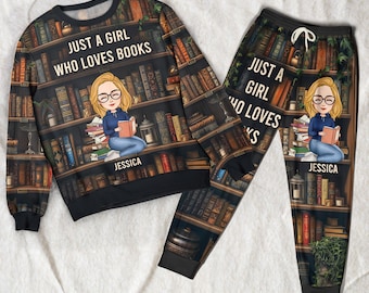 Book Lover Personalized Sweatshirt And Sweatpants Set, Just A Girl Who Loves Books Personalized Joggers, Book Lover Gift, Book Club Gifts