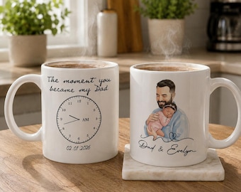 Personalized The Moment You Became My Dad Mug, First Father's Day Gift For New Dad, Husband Custom Portrait Watercolor Art Coffee Cup Gift