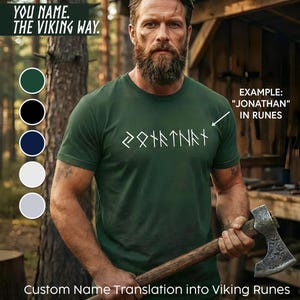 May include: A dark green short-sleeved t-shirt featuring white text in Viking runes across the chest. The image includes the text YOU NAME. THE VIKING WAY. and EXAMPLE: JONATHAN IN RUNES, along with five circular color swatches in green, black, navy, white, and light gray.