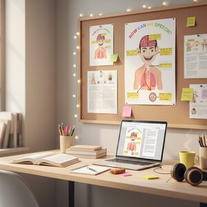 May include: A well-lit desk with a laptop displaying a diagram of the human respiratory system. A corkboard with educational posters and sticky notes hangs above. Books, pencils, and headphones complete the workspace, suggesting a study or educational theme.