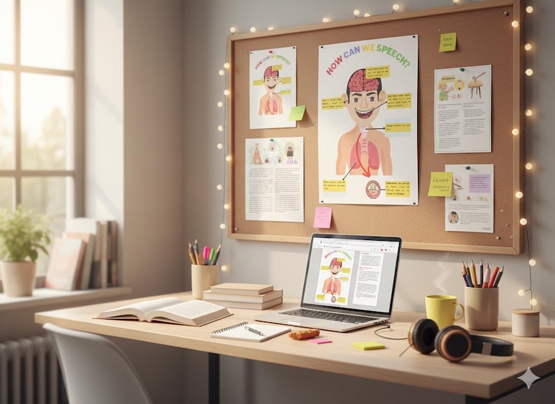 May include: A well-lit desk with a laptop displaying a diagram of the human respiratory system. A corkboard with educational posters and sticky notes hangs above. Books, pencils, and headphones complete the workspace, suggesting a study or educational theme.
