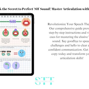 May include: A tablet displays a guide on pronouncing the "SH" sound, with visual cues and step-by-step instructions. The guide aims to help master articulation and improve speech therapy. The text on the tablet reads "Unlock the Secret to Perfect 'SH' Sound! Master Articulation with Ease!"