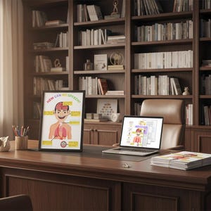 May include: A framed educational poster and a laptop displaying diagrams related to speech. The poster, with the text "HOW CAN WE SPEECH?", shows a human figure with labeled body parts. The scene is set in a study with a wooden desk and a bookcase.