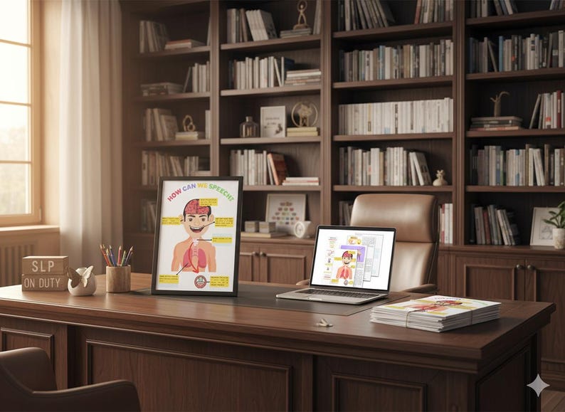 May include: A framed educational poster and a laptop displaying diagrams related to speech. The poster, with the text "HOW CAN WE SPEECH?", shows a human figure with labeled body parts. The scene is set in a study with a wooden desk and a bookcase.