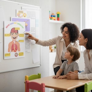 May include: A classroom scene with a teacher pointing at a poster titled "How Can We Speak?" The poster illustrates the human anatomy related to speech. A young boy and another woman are looking at the poster.