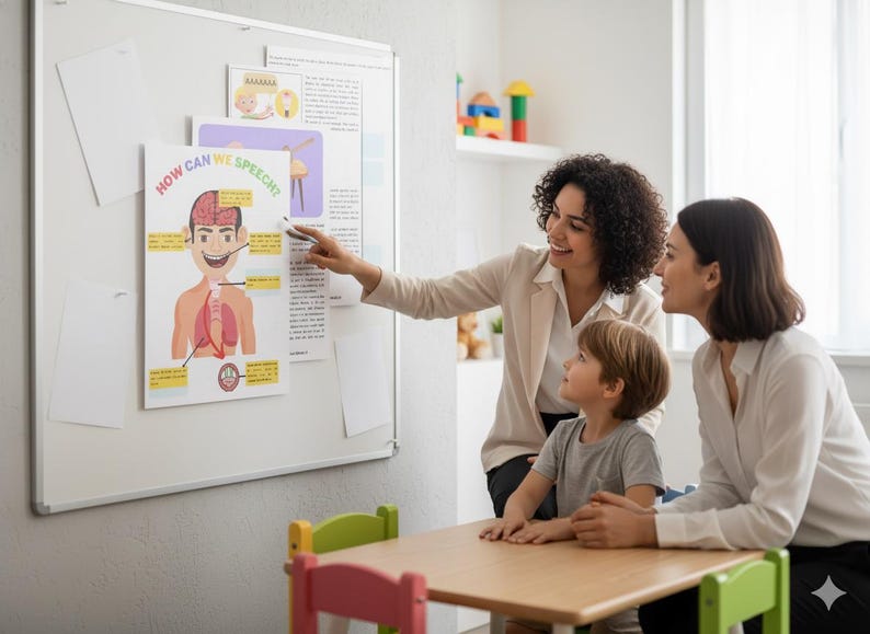 May include: A classroom scene with a teacher pointing at a poster titled "How Can We Speak?" The poster illustrates the human anatomy related to speech. A young boy and another woman are looking at the poster.