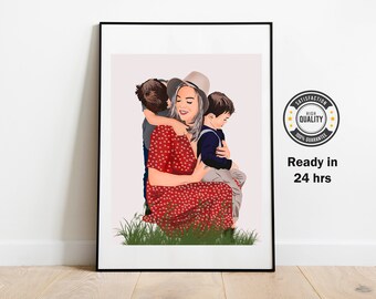 Family Portrait drawing from photo, Gift for mom, Personalized faceless illustration, Minimalist portrait, Custom photo painting gift