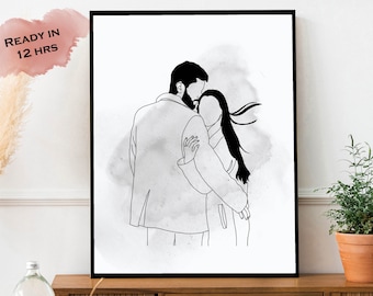 Dessin au trait personnalisé, cadeau du premier anniversaire, portrait de couple, croquis de la photo, cadeau pour petit ami, dessin au trait, cadeau d'anniversaire de mariage