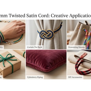 May include: An image showcasing various uses of 4mm twisted satin cord. Examples include handmade jewelry, curtain tie-backs, drawstring details, craft wrapping, upholstery piping, and DIY accessories. The cord is shown in multiple colors, including green, blue, gold, red, and rainbow.