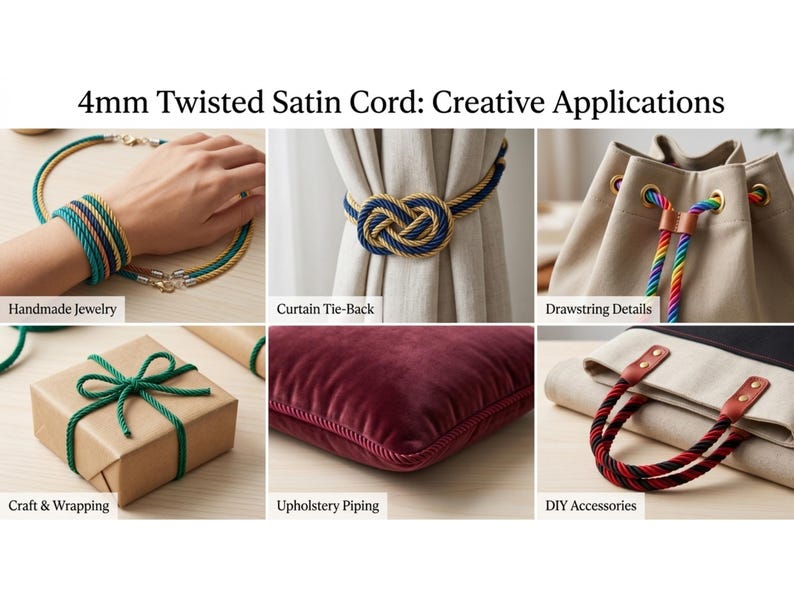 May include: An image showcasing various uses of 4mm twisted satin cord. Examples include handmade jewelry, curtain tie-backs, drawstring details, craft wrapping, upholstery piping, and DIY accessories. The cord is shown in multiple colors, including green, blue, gold, red, and rainbow.