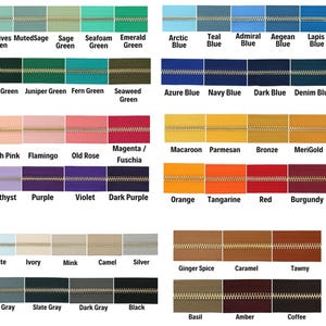 May include: A color chart of zippers in various shades, including greens, blues, pinks, yellows, oranges, reds, browns, and neutrals. Each zipper color is labeled with its name, such as "Maldives Green," "Azure Blue," and "Burgundy."