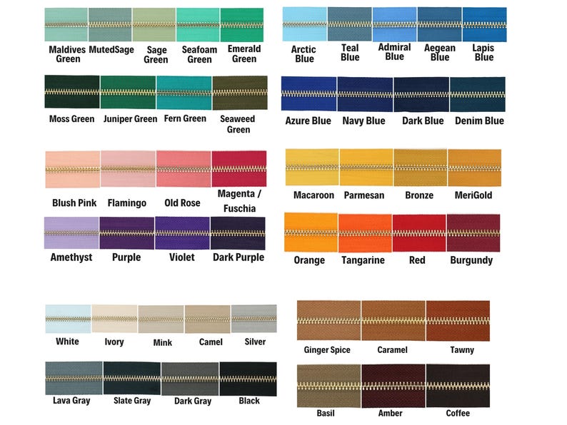 May include: A color chart of zippers in various shades, including greens, blues, pinks, yellows, oranges, reds, browns, and neutrals. Each zipper color is labeled with its name, such as "Maldives Green," "Azure Blue," and "Burgundy."
