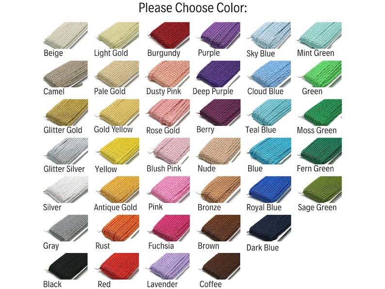 May include: A color chart with various shades of rope, including beige, gold, red, purple, and blue. The text "Please Choose Color:" is at the top. Each color is labeled with its name, such as "Sky Blue" and "Black".