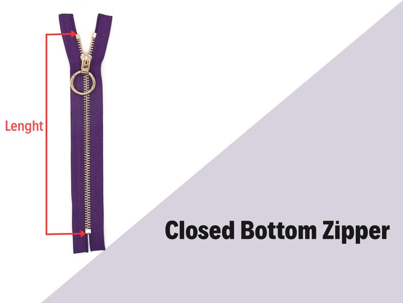 May include: A purple closed-bottom zipper with a gold-colored pull. The word "Lenght" is written in red next to a red line indicating the length of the zipper. The text "Closed Bottom Zipper" is written in black.