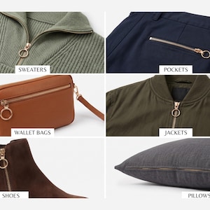 May include: A collection of clothing and accessories featuring gold-toned zippers. Items include a green sweater, navy blue pants, a brown wallet bag, an olive green jacket, brown suede boots, and a gray pillow. The word "SWEATERS", "POCKETS", "WALLET BAGS", "JACKETS", "SHOES", and "PILLOWS" are displayed.