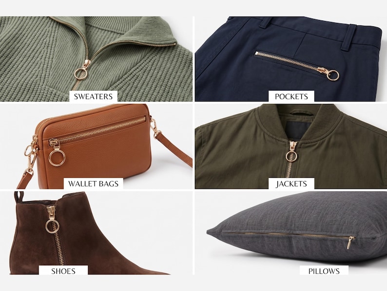 May include: A collection of clothing and accessories featuring gold-toned zippers. Items include a green sweater, navy blue pants, a brown wallet bag, an olive green jacket, brown suede boots, and a gray pillow. The word "SWEATERS", "POCKETS", "WALLET BAGS", "JACKETS", "SHOES", and "PILLOWS" are displayed.