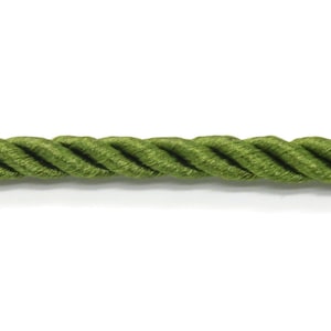 May include: Close-up of a length of olive green twisted rope. The rope is thick and has a textured appearance. The background is plain white, highlighting the rope's color and texture. This rope could be used for various craft projects.