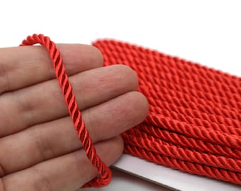 Red Twisted Cord 4mm, Satin Rope Trim, Decorative Rope, Upholstery Cord, Craft Cord, Jewelry Making, Curtain Trim, Gift Wrapping