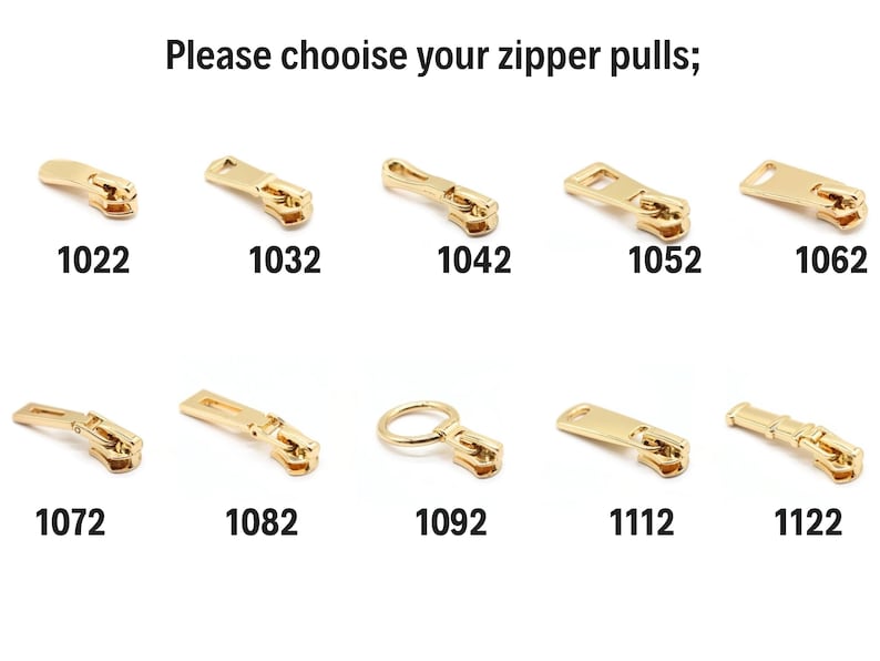 May include: A selection of gold-colored zipper pulls in various designs. The image includes ten different styles, each labeled with a unique four-digit number. The text at the top reads, "Please choose your zipper pulls;"
