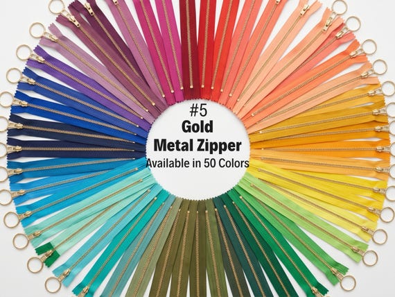 Gold Metal Zipper #5, Heavy Duty Zipper, 50 Colors Option, Sewing Zipper for Bags, Jackets, Craft Supplies, Custom Length Zipper