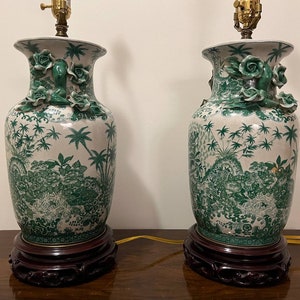 Pair of Fine 19th Century Hand Painted Green Chinese Export Vase Lamps