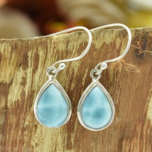 Natural Larimar Gemstone Earring in 925 Sterling Silver, Natural Blue Larimar Hook Earring, Sterling Silver Dangle Earring, Gift For Mother