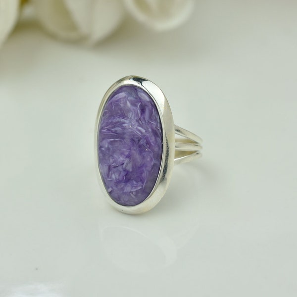 Genuine Charoite Gemstone Ring Handmade Solid Silver Ring 925 Sterling Silver Ring Women Vintage Ring Gift For Her