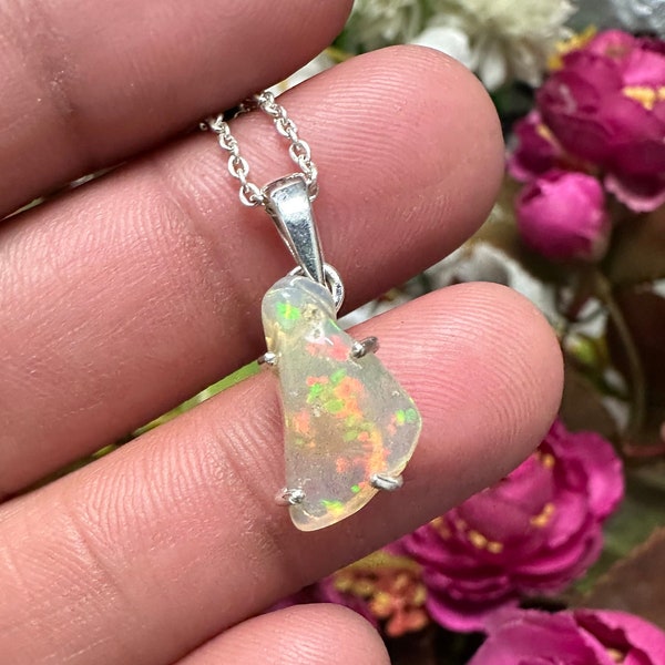 Natural Raw Opal Pendant Necklace 925 Sterling Silver Pendant Handmade Jewelry Pendant Fire Opal Pendant Gift For Her