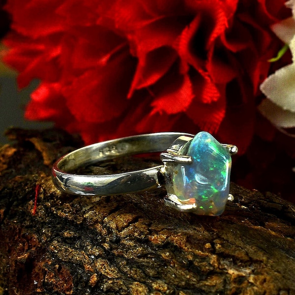 Natural Fire Play Opal Raw Ring, 925 Sterling Silver Ring, Raw Opal Ring, Anniversary Ring, October Birthstone Ring, Rough Opal Ring GiftHer