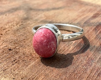 Rhodonite Gemstone Ring, Sterling Silver, Pink Stone Jewelry