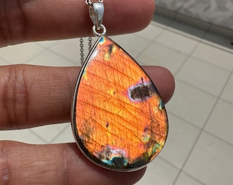 Natural Spectrolite Gemstone Pendant Necklace, 925 Sterling Silver Handmade Jewelry