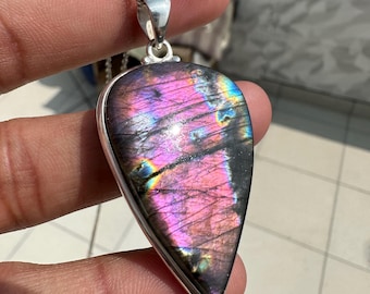 Genuine Spectrolite Pendant Necklace 925 Sterling Silver Handmade Jewelry Purple Necklace Gift For Her